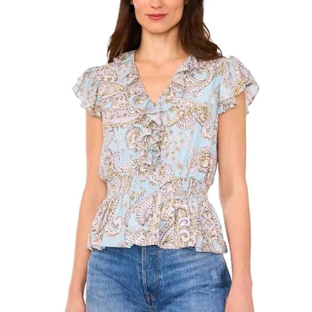 Parker The Margot Paisley Print Ruffled Top robins egg blue $99